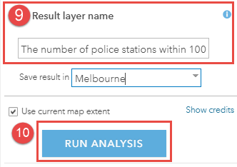 Der Name des Ergebnis-Layers und die Schaltfläche RUN ANALYSIS im Bereich 