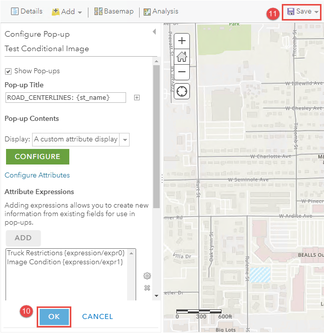 Speichern der Pop-up-Konfiguration für die benutzerdefinierte Attributanzeige in Portal for ArcGIS Map Viewer Classic