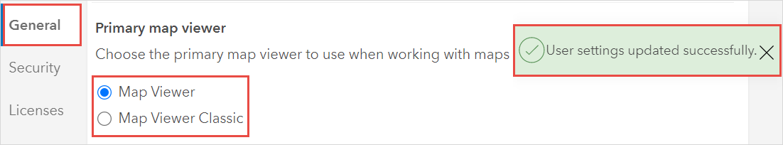 The message pops up after successfully updating the primary map viewer for personal use in ArcGIS Online.
