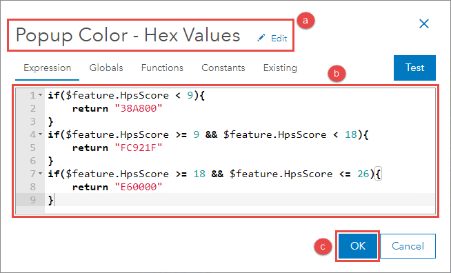 Specifying the Arcade expression in the Arcade expression dialog box and providing a name for the Arcade expression