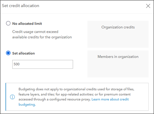 Administrators can allocate a credit budget that assigns a flexible allocation of credits to some or all organization members.