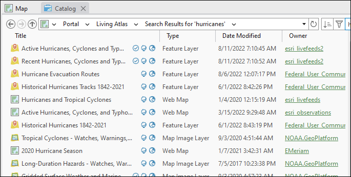 The search results returned in the catalog view.
