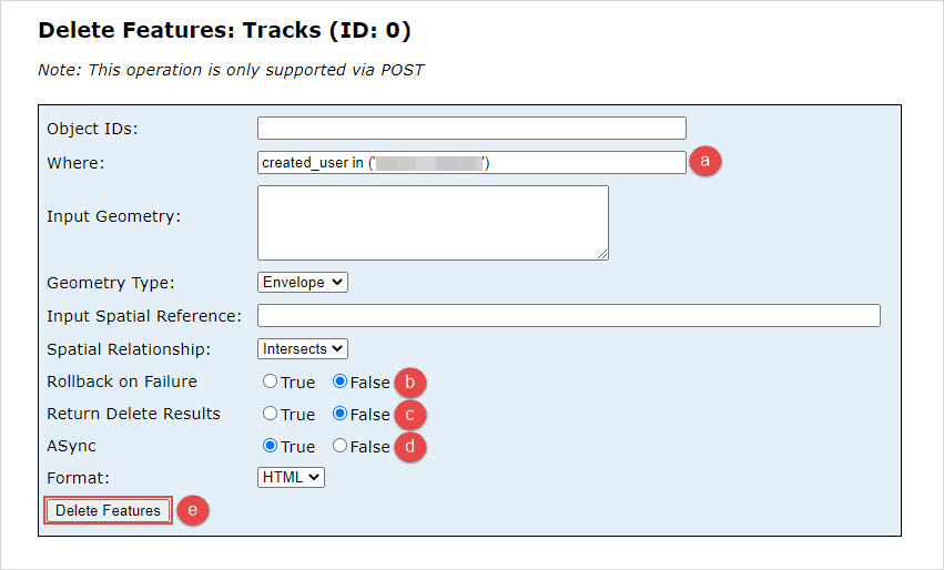 The Delete Features parameters configured on the Delete Features page.