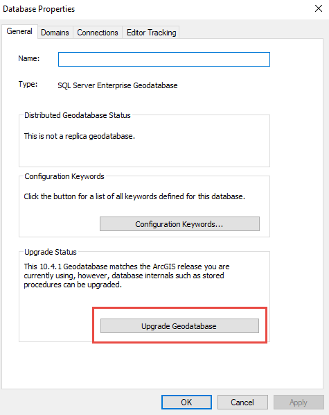 Upgrade the Geodatabase is enabled