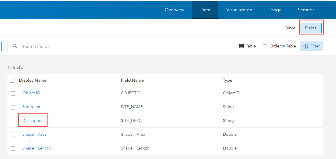 Click the Fields button and select Description under the Display Name column