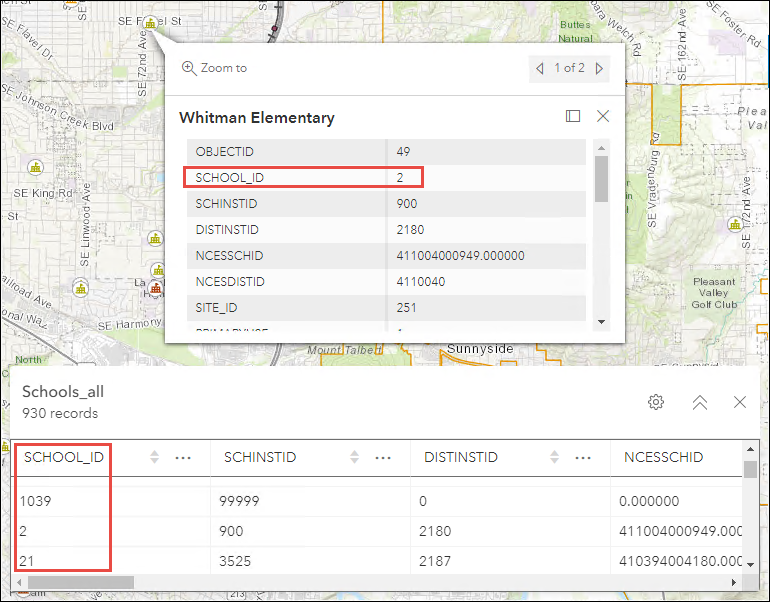 The attribute table and pop-up of the layer in Portal for ArcGIS Map Viewer