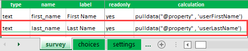 The type, name, label, and readonly columns specified for the Last Name question in the XLSForm.