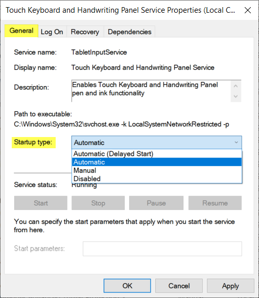 Startup type automatic
