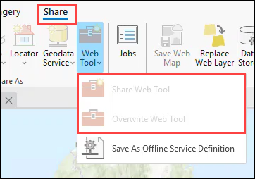 The Share tab in ArcGIS Pro and the unavailable Share Web Tool and Overwrite Web Tool functions.