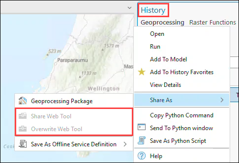 The History pane in ArcGIS Pro and the unavailable Share Web Tool and Overwrite Web Tool functions.