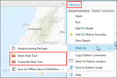 The History pane in ArcGIS Pro with the Share Web Tool and Overwrite Web Tool functions available.