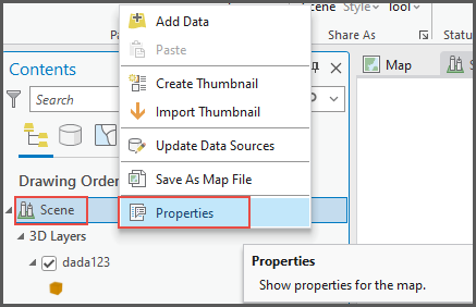 Properties is selected from the scene layer menu
