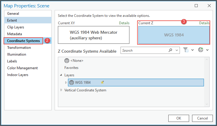 Map Properties window with Current Z selected