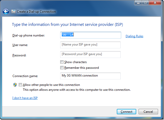 Create a Dial-up Connection details