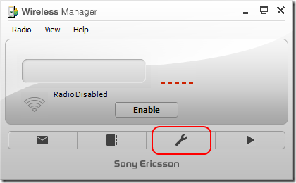 Wireless Manager UI, with setting button highlighted