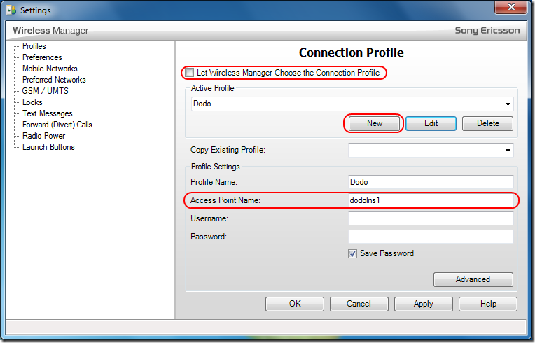 Creating a new profile in Wireless Manager