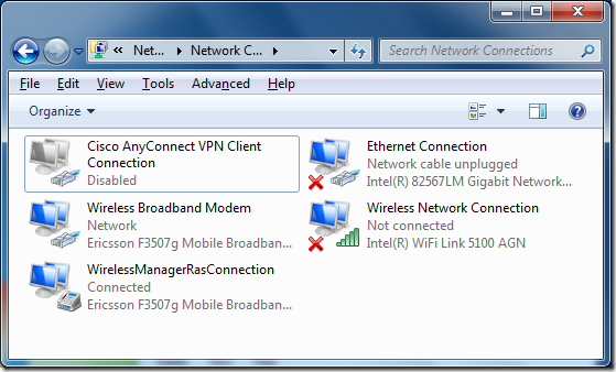 Network Connections showing Ericsson F3507g Mobile Broadband Network Adapter