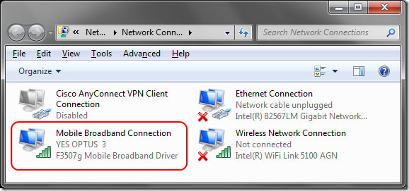 Ericsson F3507G showing as Mobile Broadband  in Network Connections