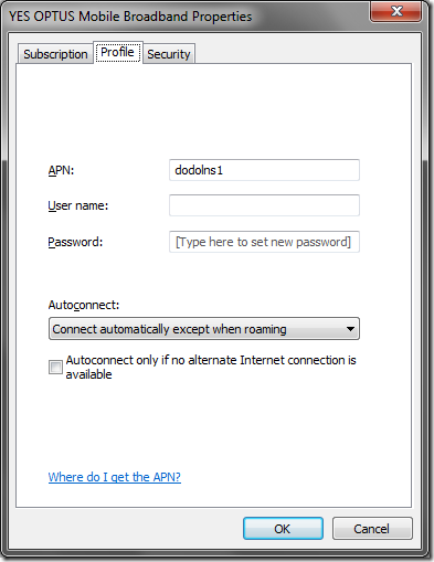 Mobile Broadband connection properties under Windows 7, showing APN setting