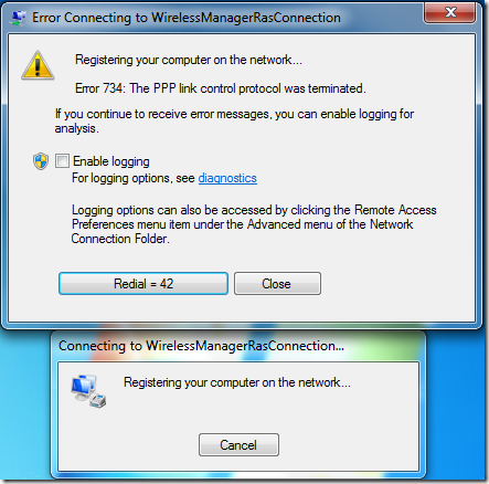 Error 734: The PPP Link control protocol was terminated