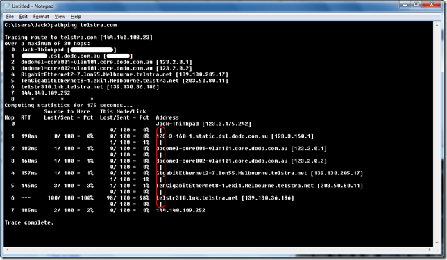 Image of pathping results with connecting bars highlighted image