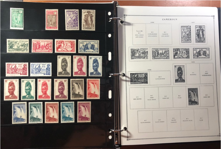 Cameroun stamps with facing album page