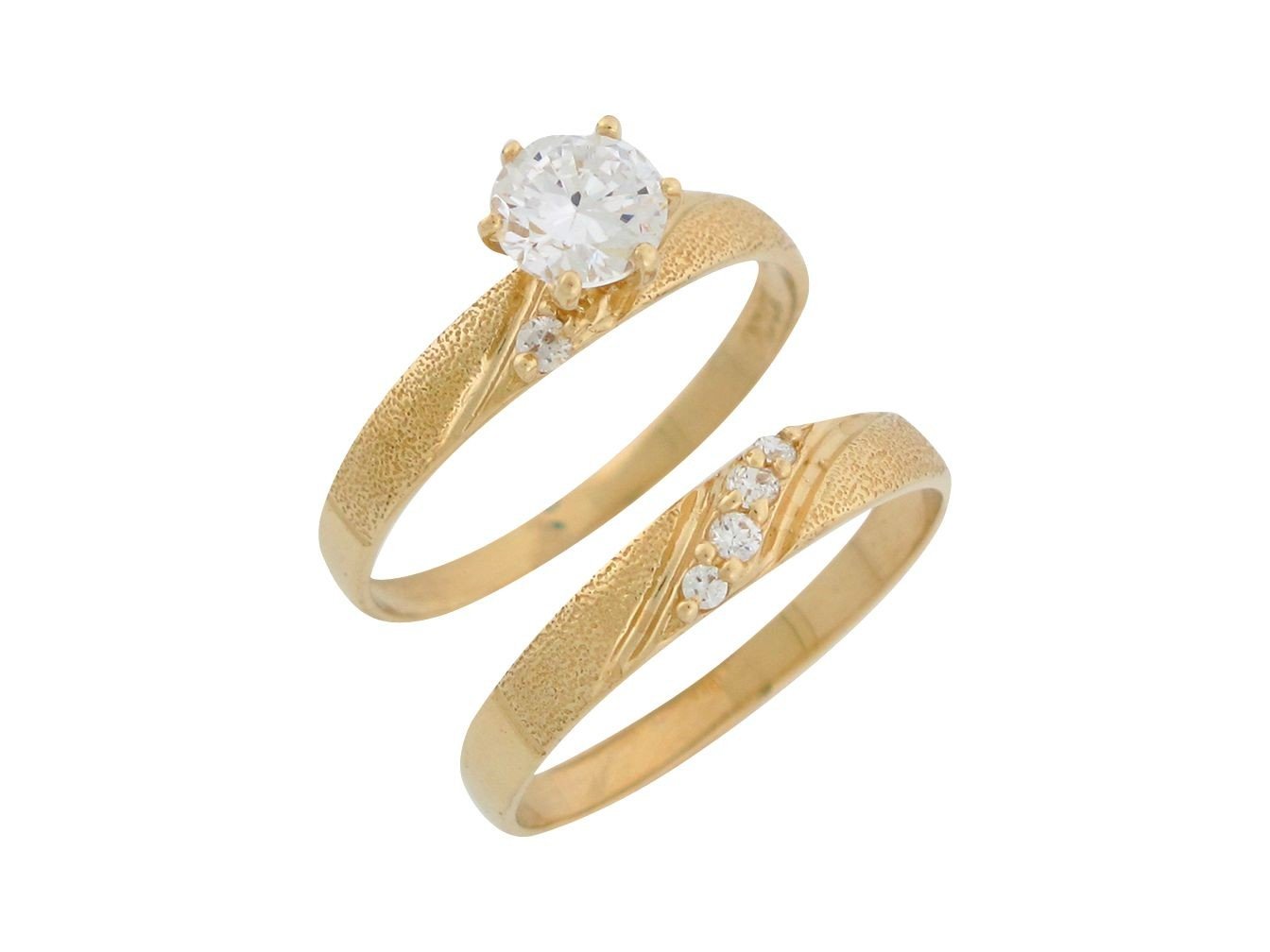 10k Yellow Gold White CZ Classic Design Ladies Wedding Set Duo Rings