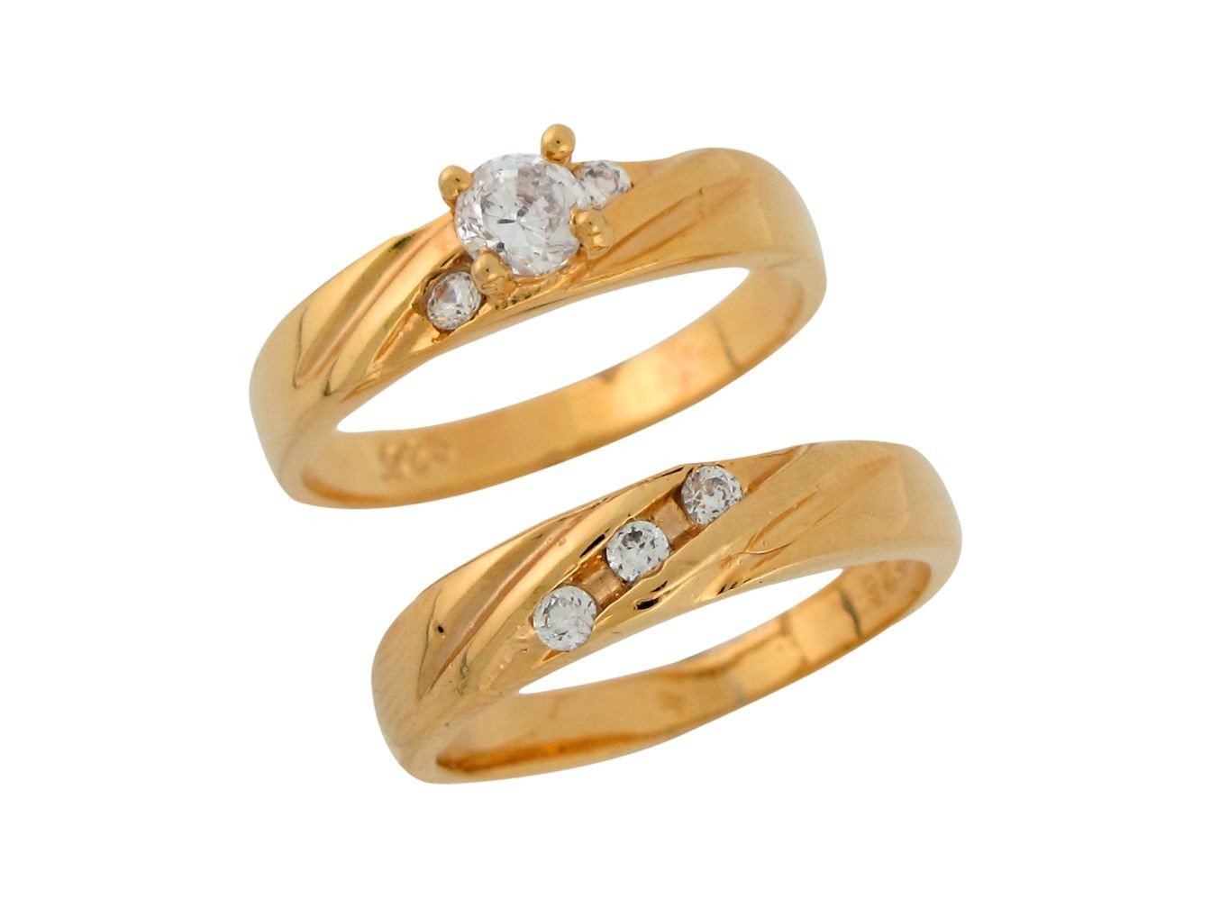 10k Yellow Gold 3 White CZ Ladies Classy Duo Engagement Wedding Bands