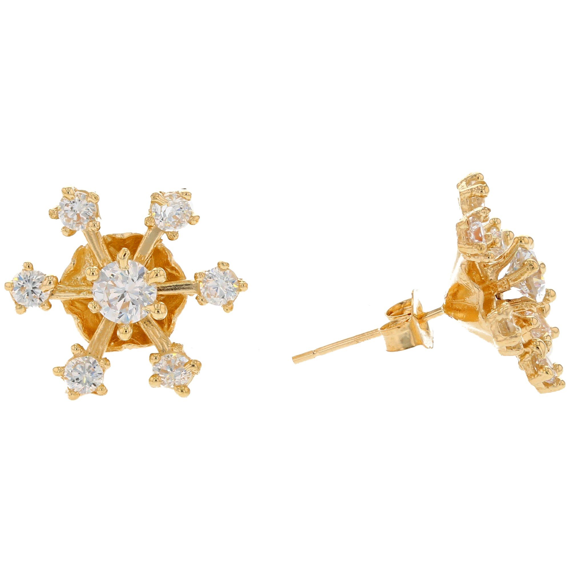 10k Yellow Gold Pretty Round Cut White CZ Snowflake1.5cm Pin Earrings