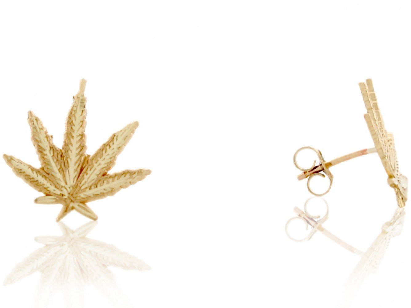 10k Real Yellow Gold Marijuana Leaf with Details Pin Post Earring 