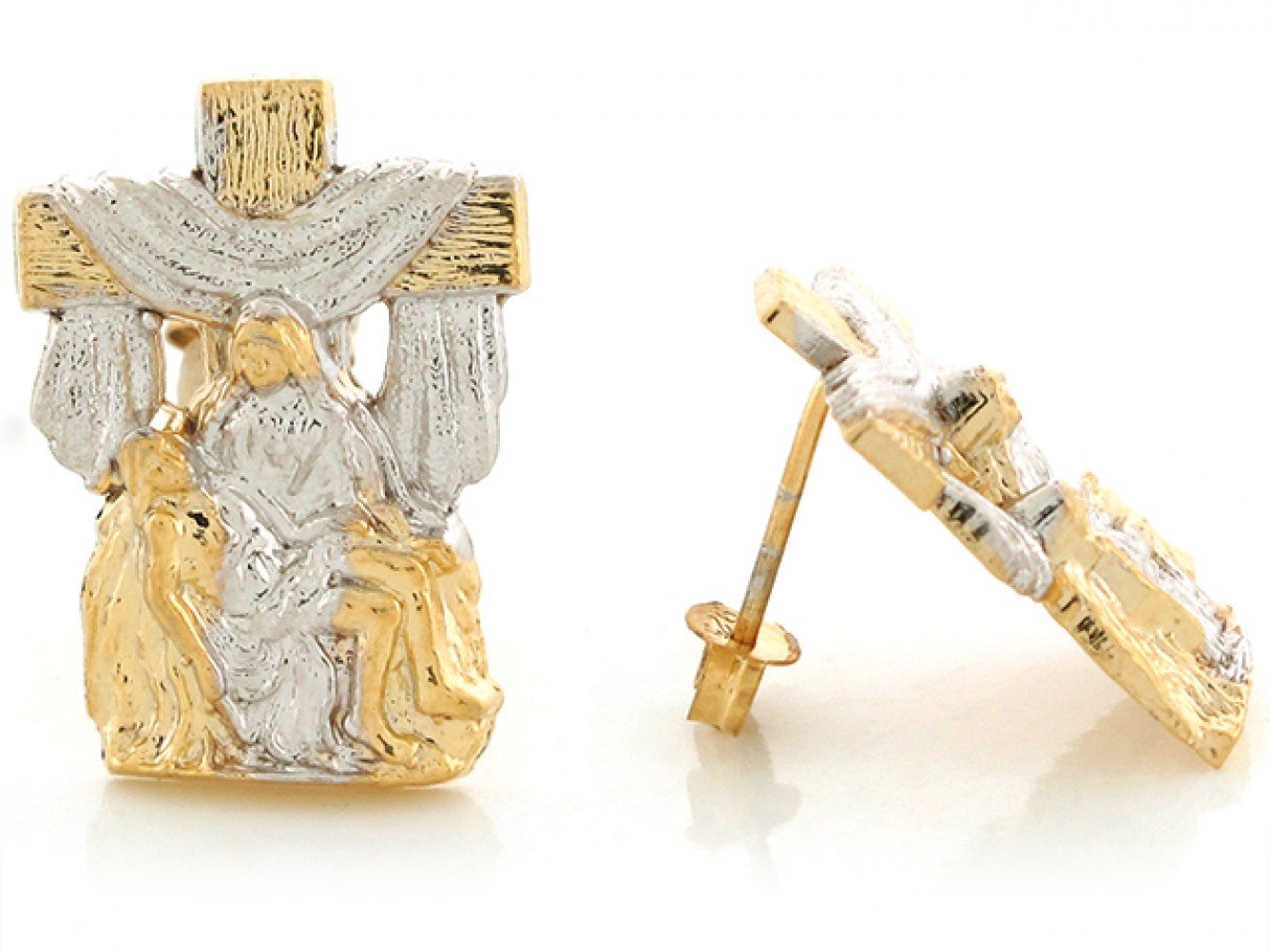 10k Two Tone Real Gold 2.0cm x 1.44cm Jesus Christ Cross Religious Post Earrings