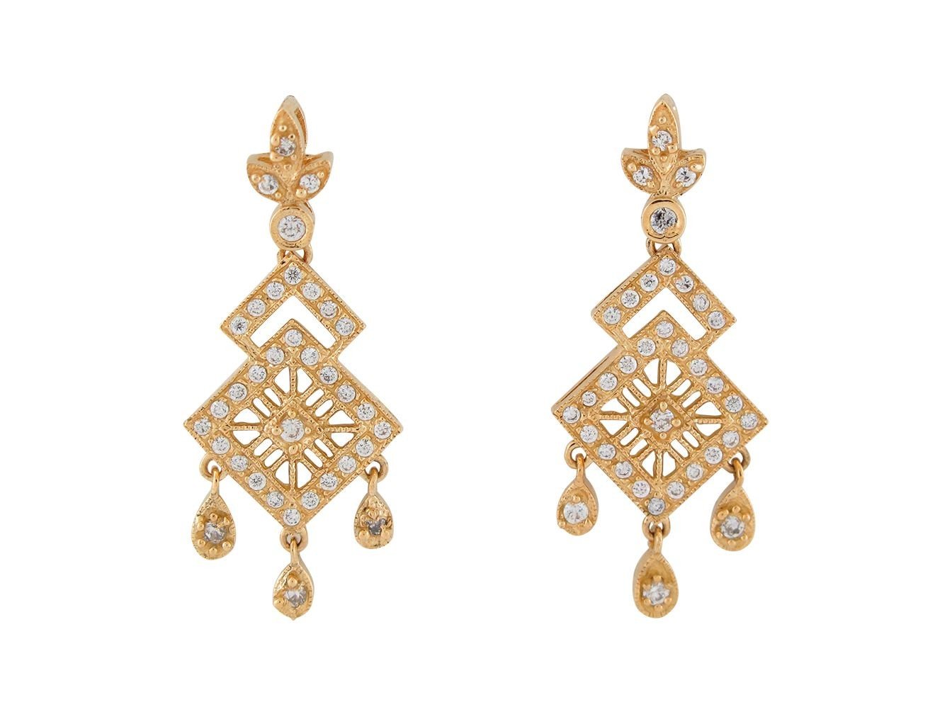 10k Yellow Gold Brilliant White CZ Filigree Square Shaped Dangling Earrings