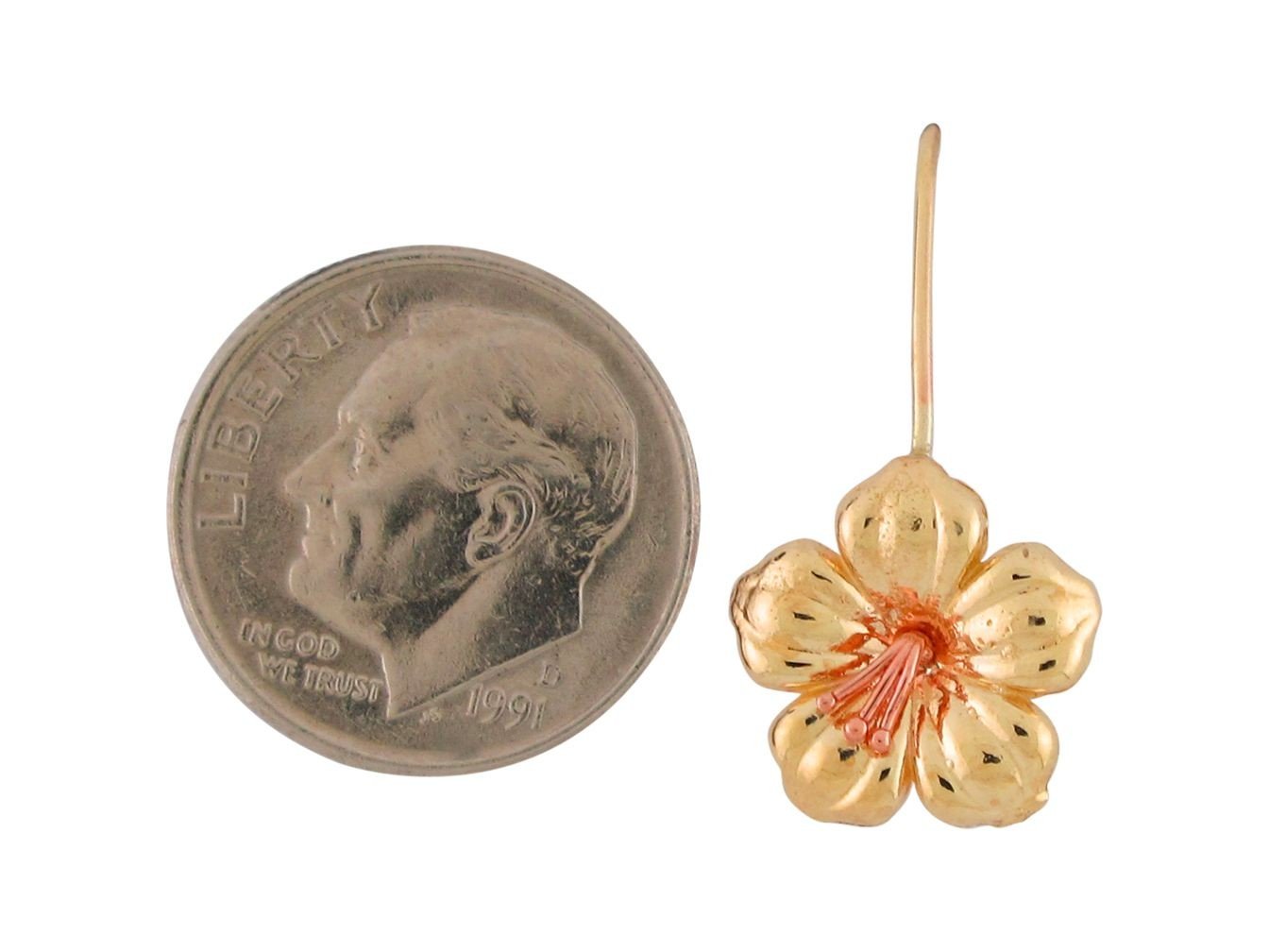 10k Two Tone Real Gold Small Hawaiian Hibiscus Flower Kidney Ear Wire Earring