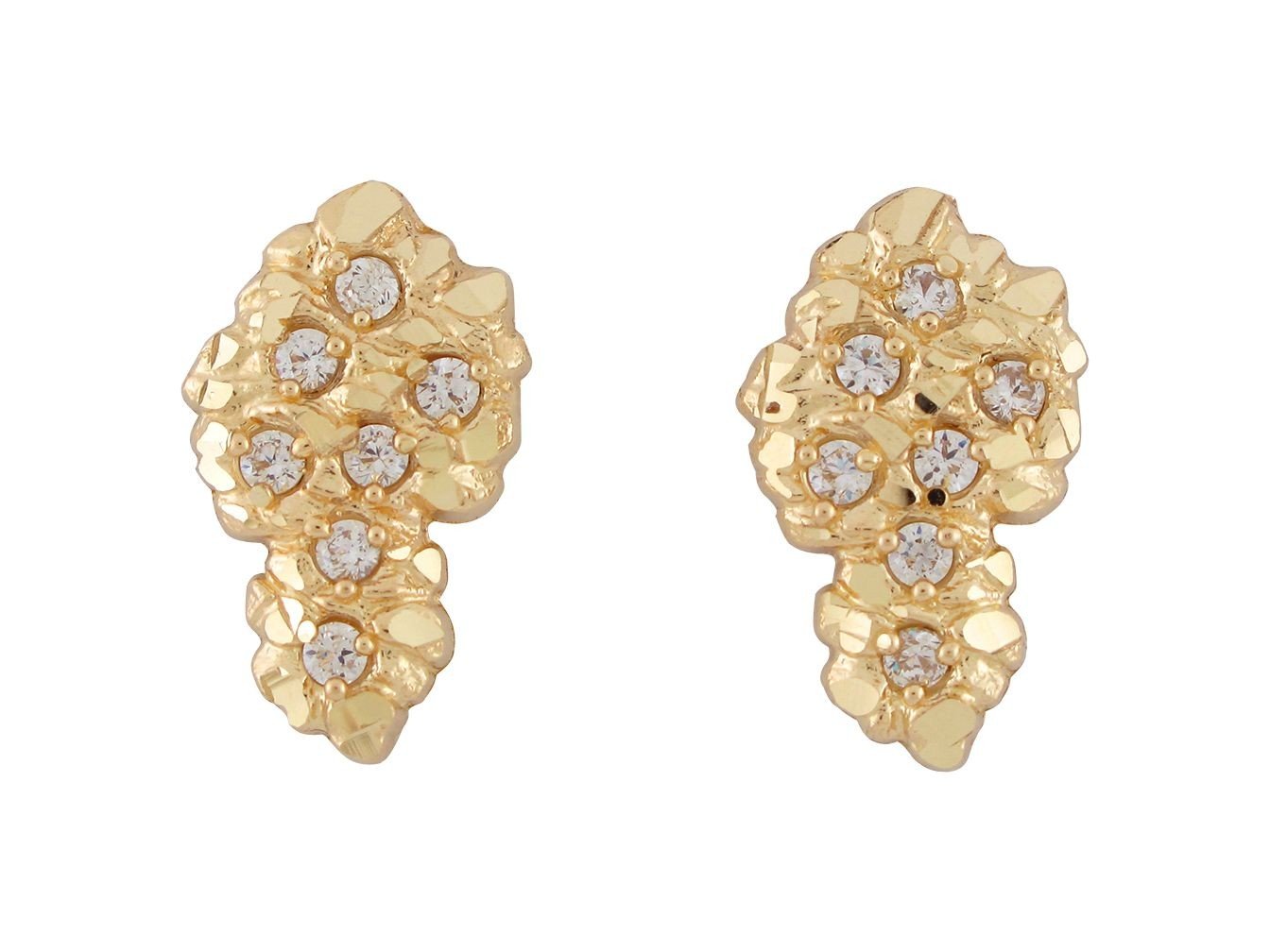 10k Real Yellow Gold White CZ Studded Ladies Diamond Cut Gold Nugget Earrings 