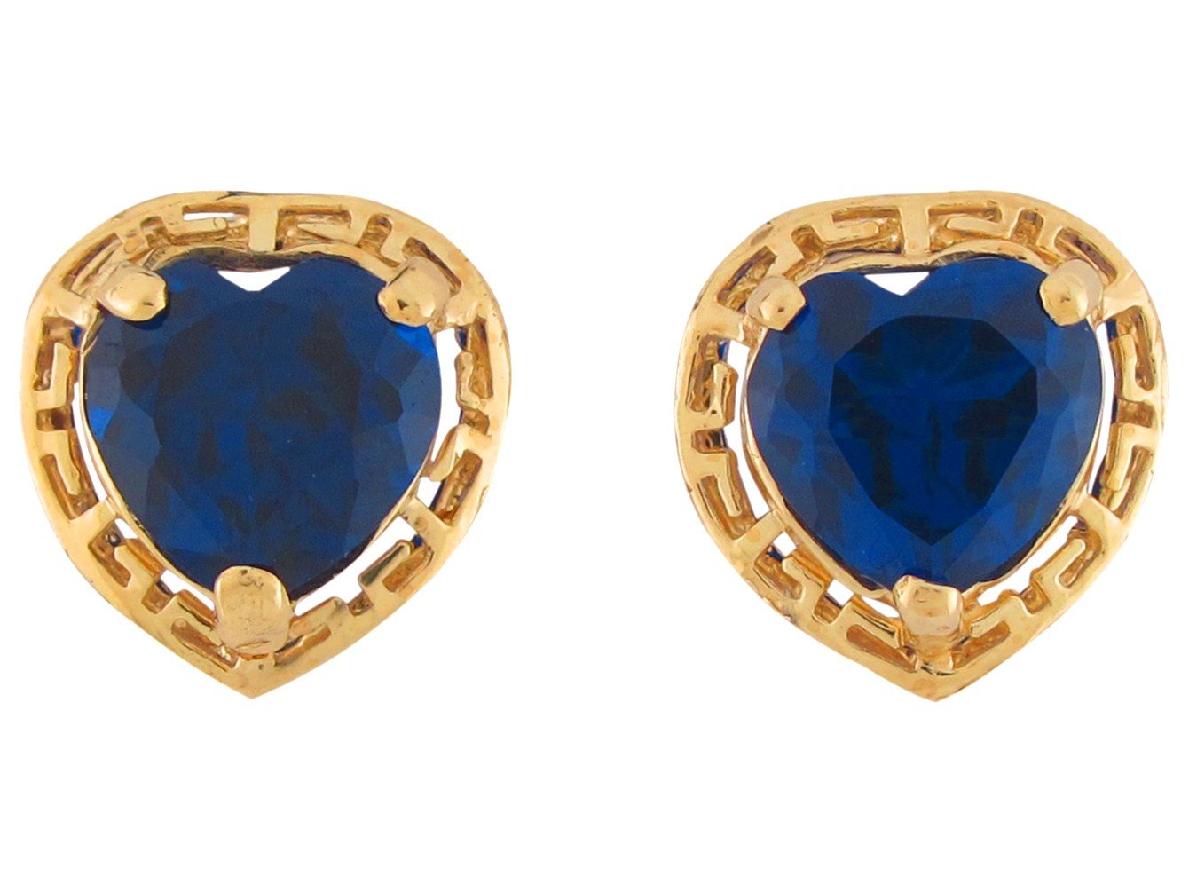 10k Yellow Gold Simulated Sapphire Heart Ladies Greek Key September Earrings