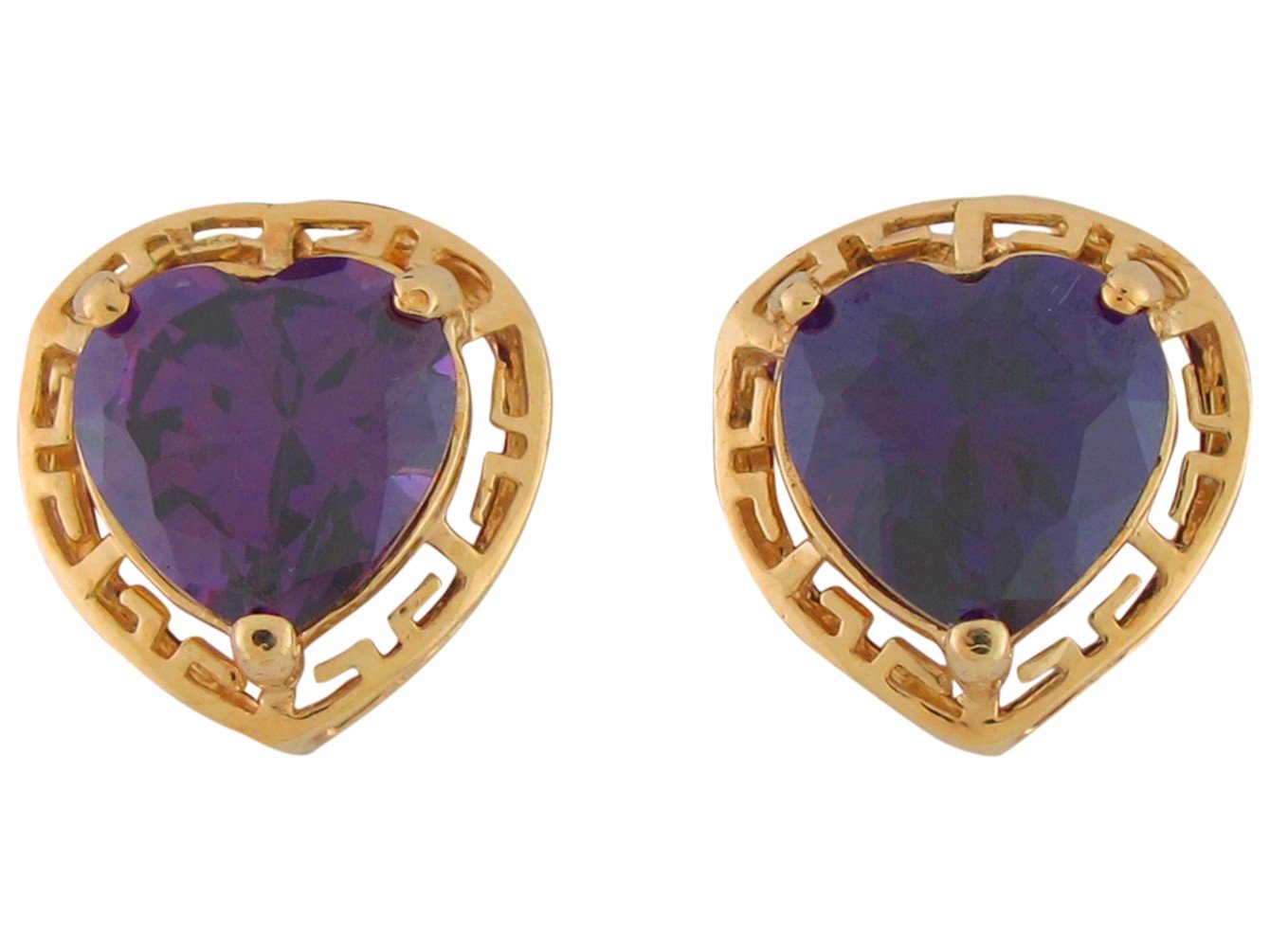 10k Yellow Gold Simulated Amethyst Heart Ladies Greek Key February Earrings