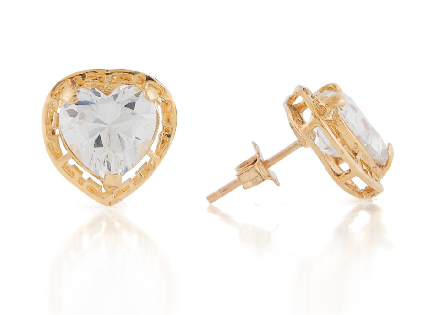 10k Yellow Gold Heart Cut White CZ Ladies Greek Key Simulated April Birthstone Earrings