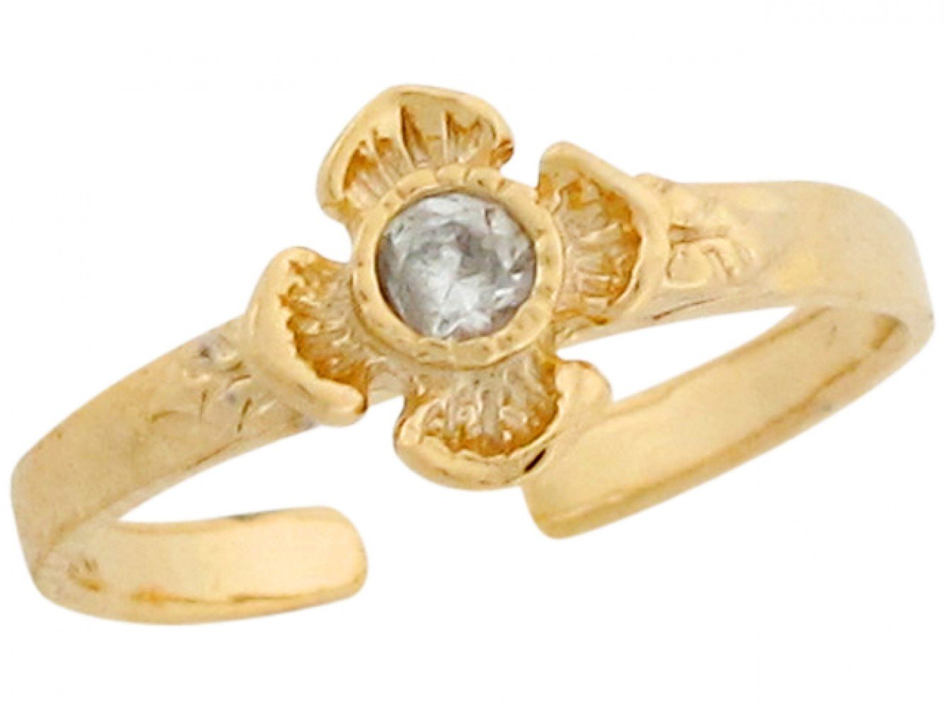 10k Yellow Real Gold White CZ Flower Cute Fun Womens Toe Ring