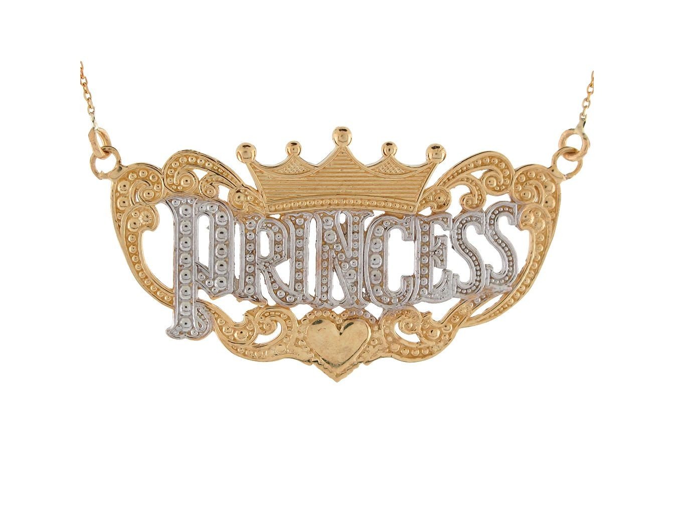 10k Two-Tone Princess and Crown Ladies Cute Necklace with Dotted Design