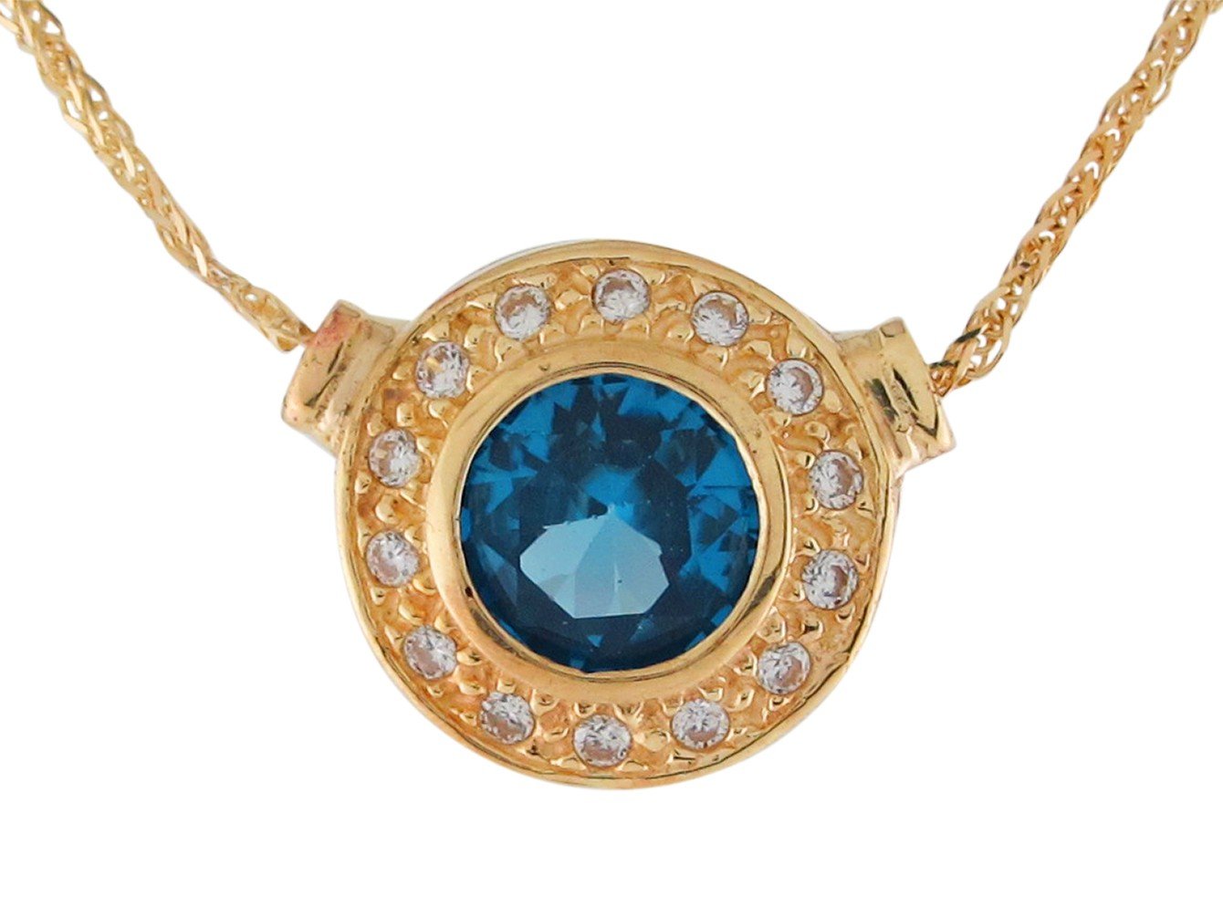 10k Yellow Gold Simulated Blue Zircon White CZ Round Circle Vintage Necklace