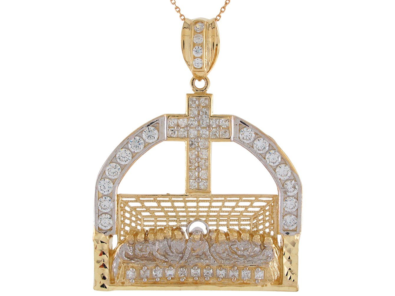 10k Two-Tone Gold Gold Diamond Cut White CZ Accented Last Supper Cross Big Pendant