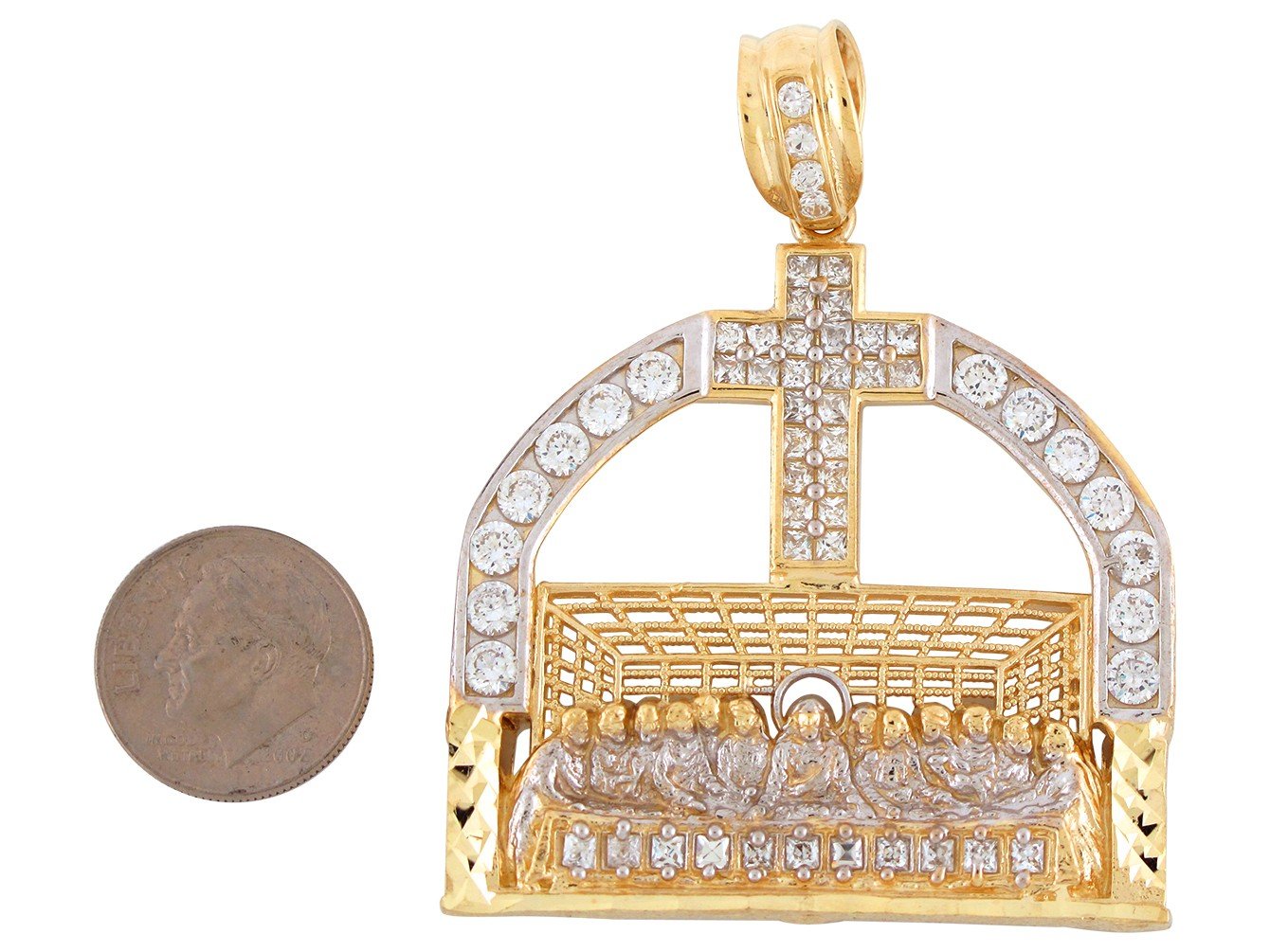 10k Two-Tone Gold Gold Diamond Cut White CZ Accented Last Supper Cross Big Pendant