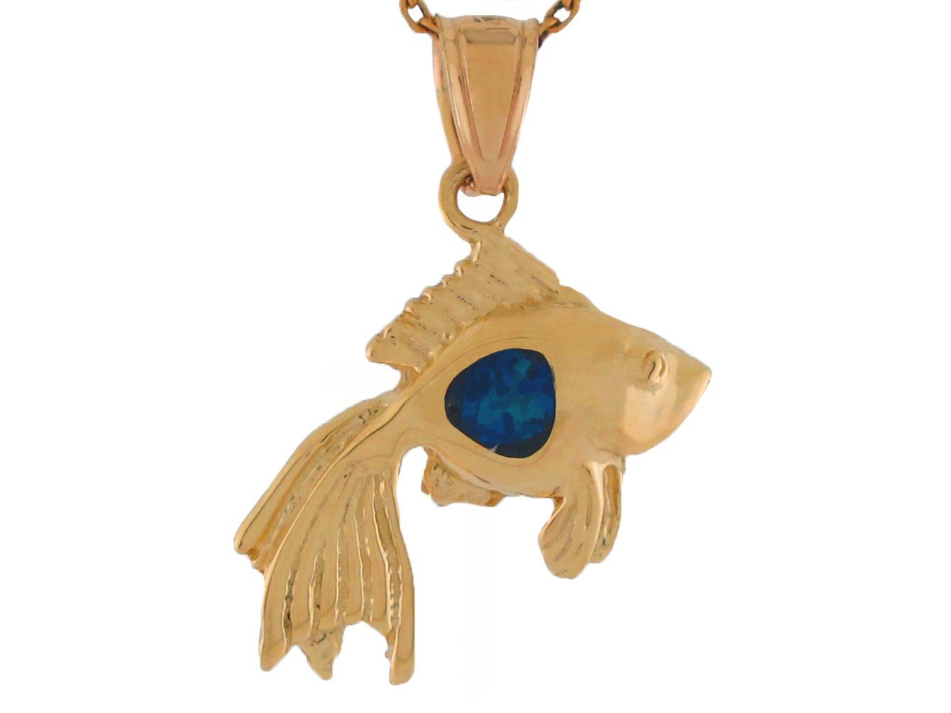 10k Yellow Gold High Polish Gorgeous Simulated Blue Opal Fish Pendant