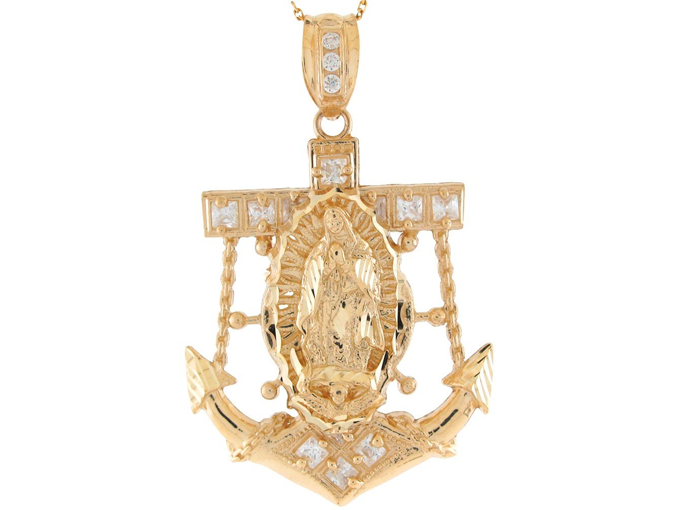 10k Yellow Gold White CZ Accented Mariners Cross Virgin Mary Anchor Pendant