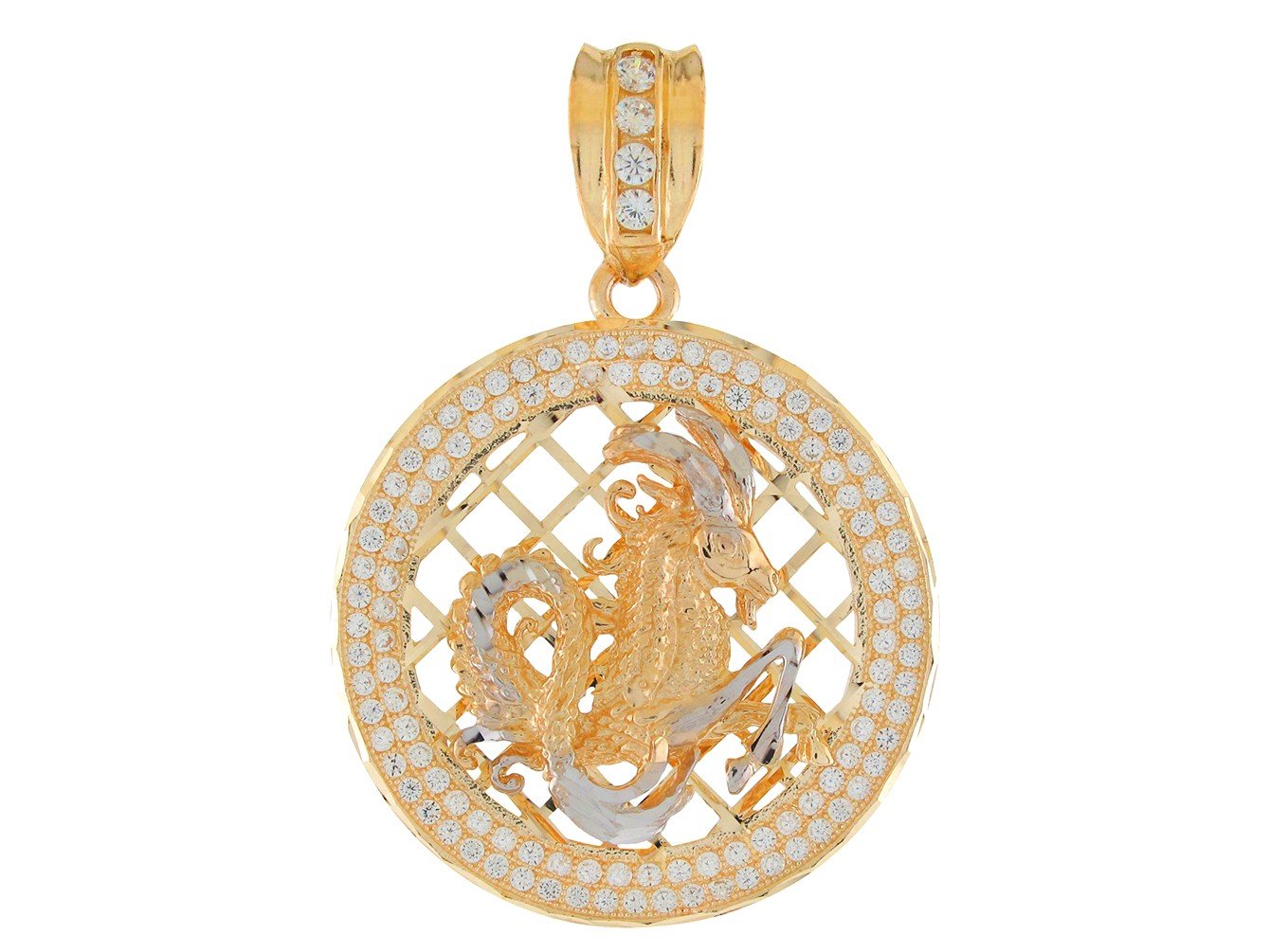 10k Two Tone Gold Round Frame Stunning Capricorn Zodiac CZ Halo Pendant