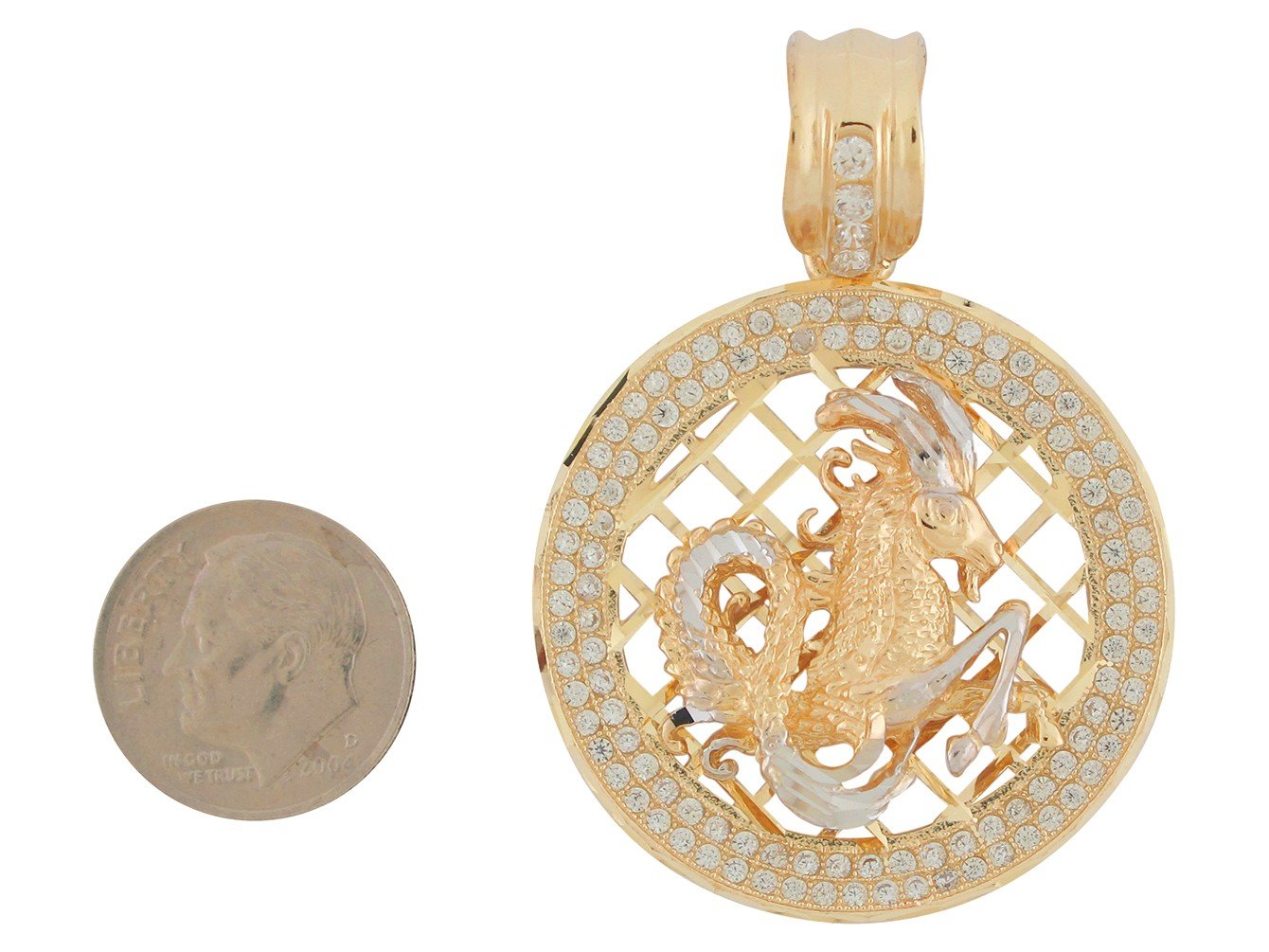 10k Two Tone Gold Round Frame Stunning Capricorn Zodiac CZ Halo Pendant