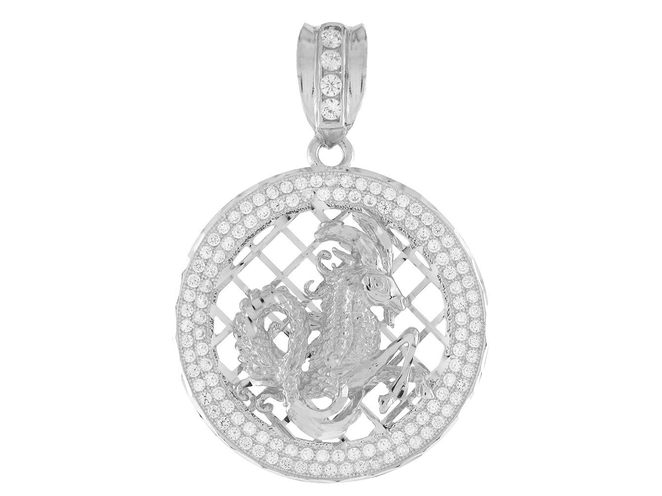 10k White Gold Round Frame Stunning Capricorn Zodiac CZ Halo Pendant