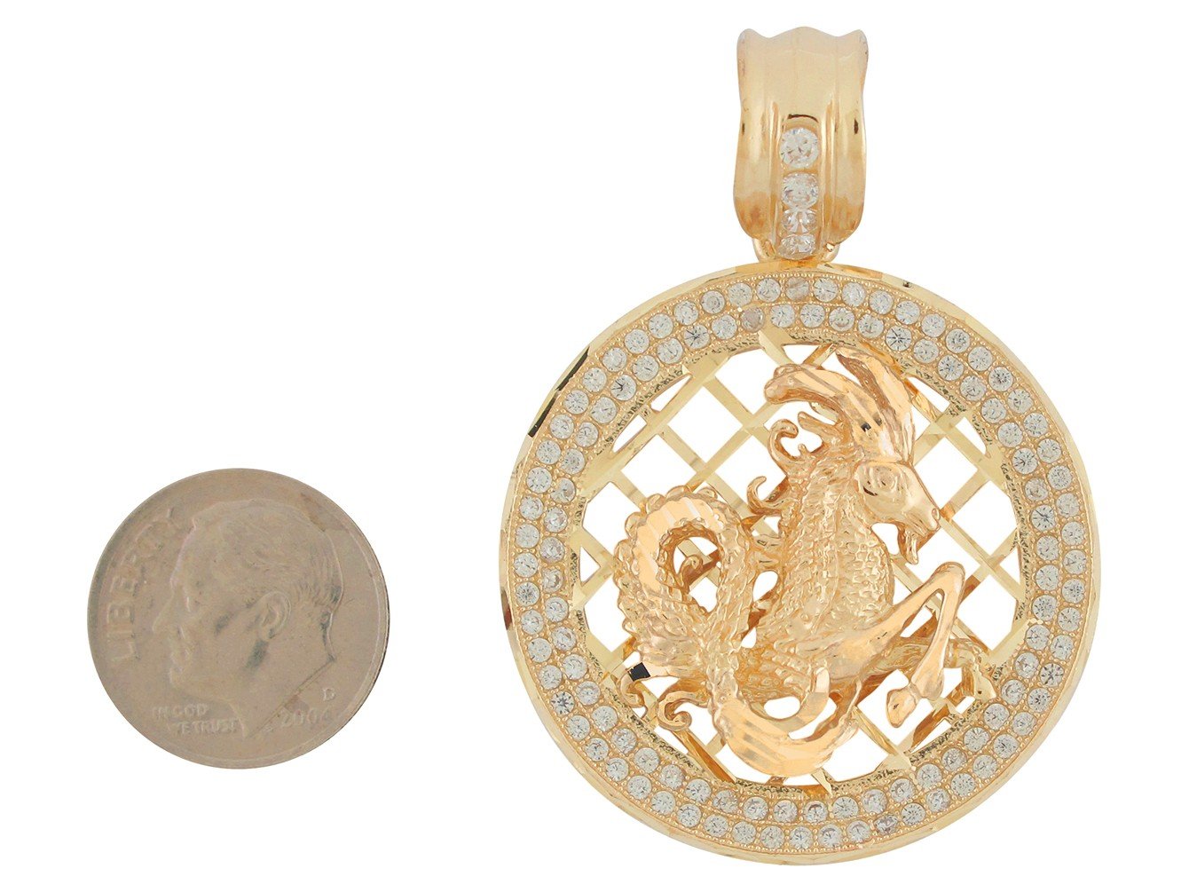 10k Two Tone Gold Round Frame Stunning Capricorn Zodiac CZ Halo Pendant