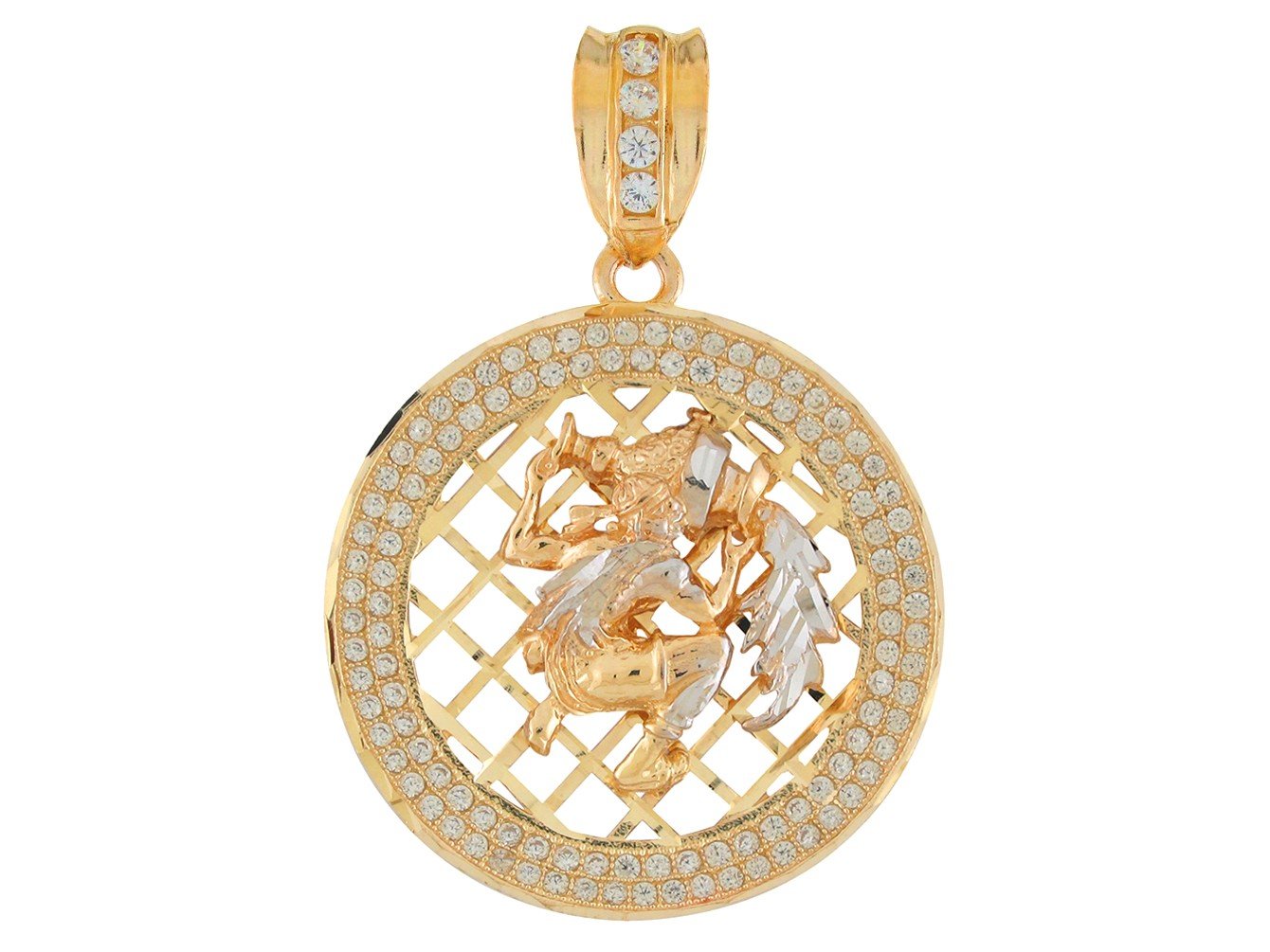 10k Two Tone Gold Round Frame Stunning Capricorn Zodiac CZ Halo Pendant