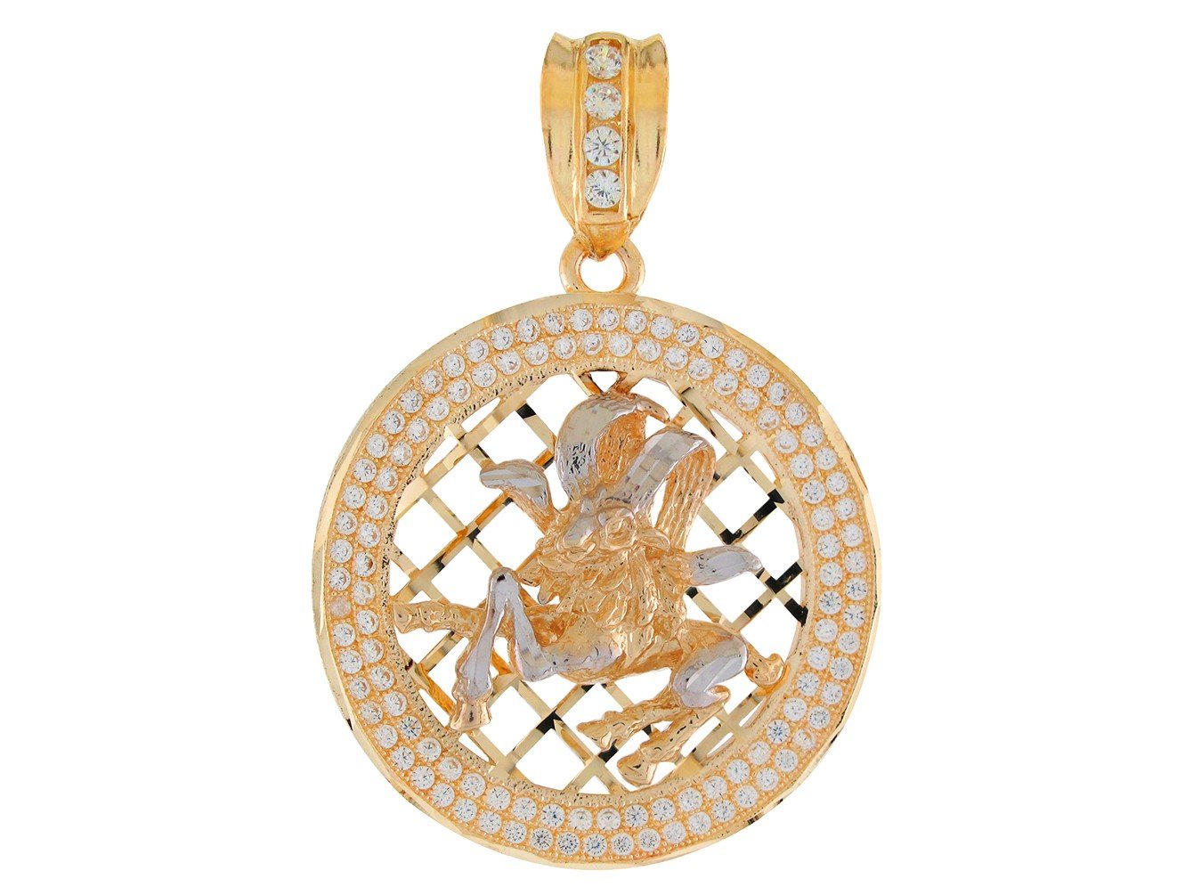 10k Two Tone Gold Round Frame Stunning Capricorn Zodiac CZ Halo Pendant